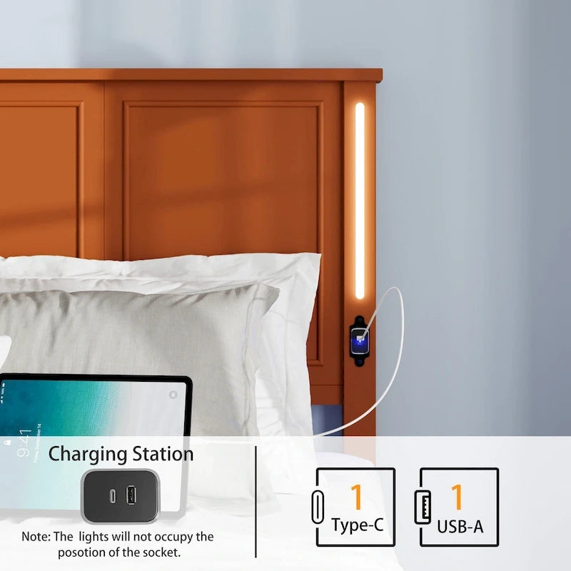 Queen Size Platform Bed with Wood Headboard and Charger