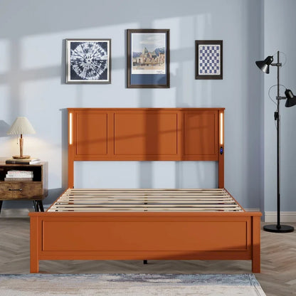 Queen Size Platform Bed with Wood Headboard and Charger