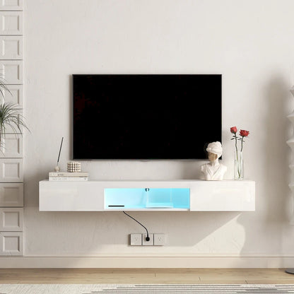 White 63 Floating TV Stand with Storage, LED Lights & Power Outlet for TVs Up to 60