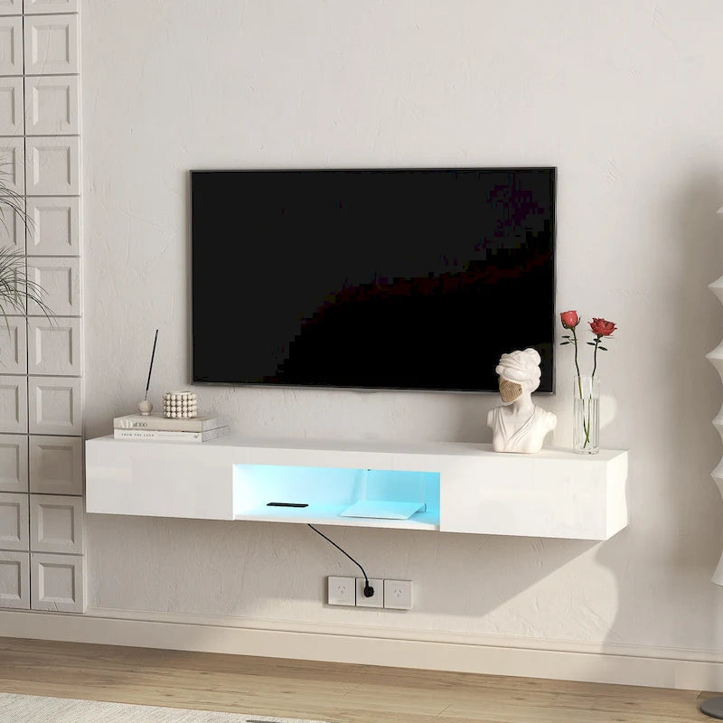 White 63 Floating TV Stand with Storage, LED Lights & Power Outlet for TVs Up to 60