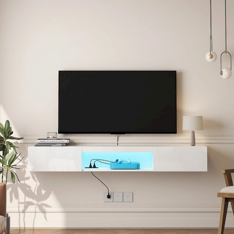 White 63 Floating TV Stand with Storage, LED Lights & Power Outlet for TVs Up to 60