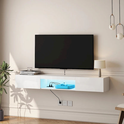 White 63 Floating TV Stand with Storage, LED Lights & Power Outlet for TVs Up to 60