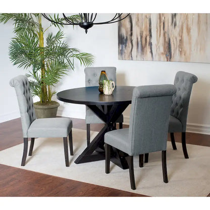 Modern Style 5-Piece Dining Set with Cross Base Round Table and 4 Button Tufted Linen Upholstered Chairs