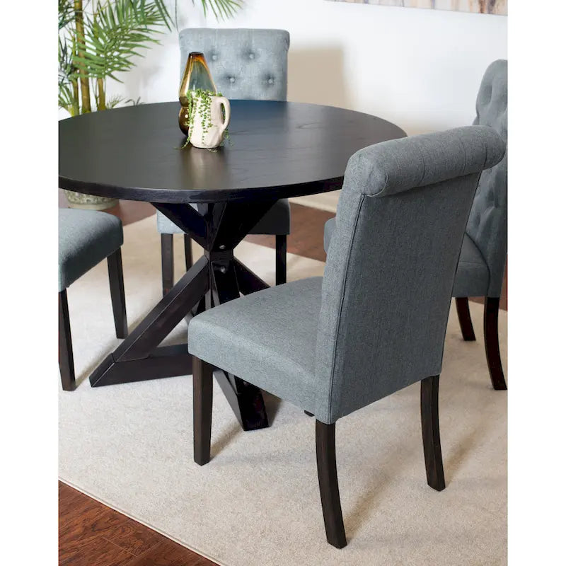 Modern Style 5-Piece Dining Set with Cross Base Round Table and 4 Button Tufted Linen Upholstered Chairs