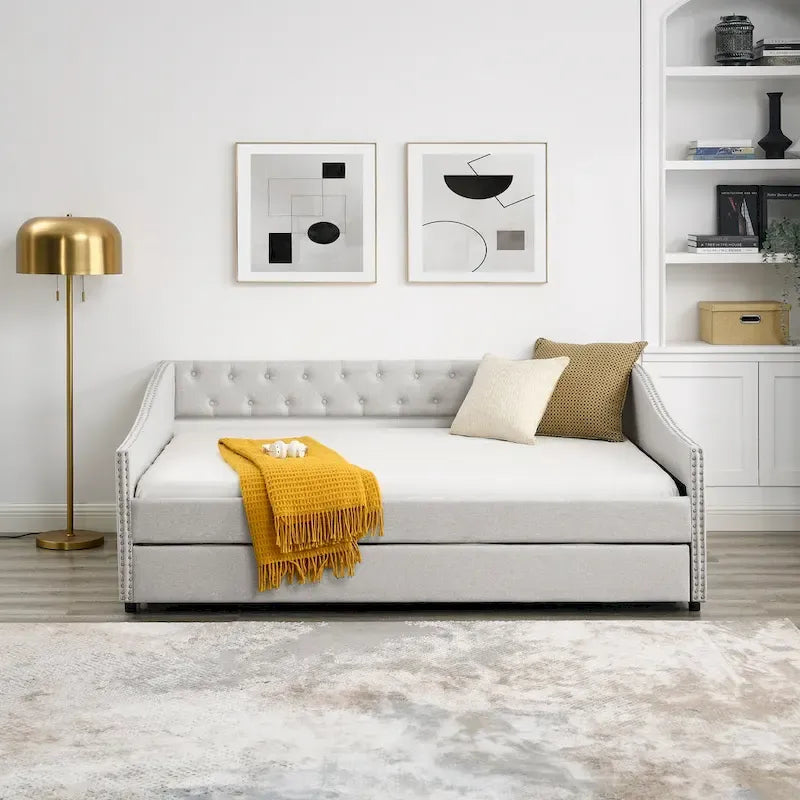 Upholstered Daybed Frame with Trundle & Tufted Backrest