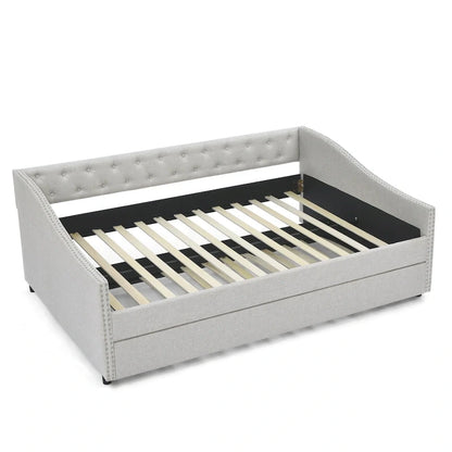 Upholstered Daybed Frame with Trundle & Tufted Backrest