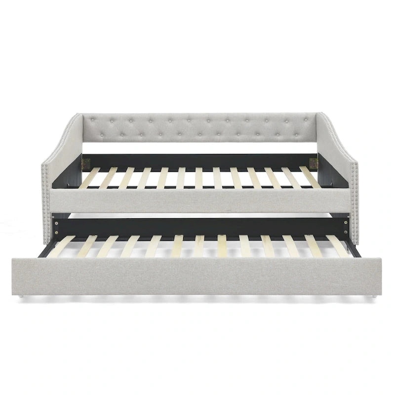 Upholstered Daybed Frame with Trundle & Tufted Backrest