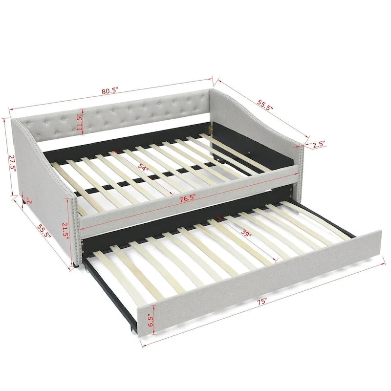 Upholstered Daybed Frame with Trundle & Tufted Backrest