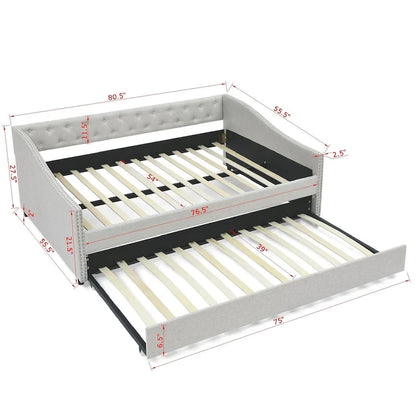 Upholstered Daybed Frame with Trundle & Tufted Backrest