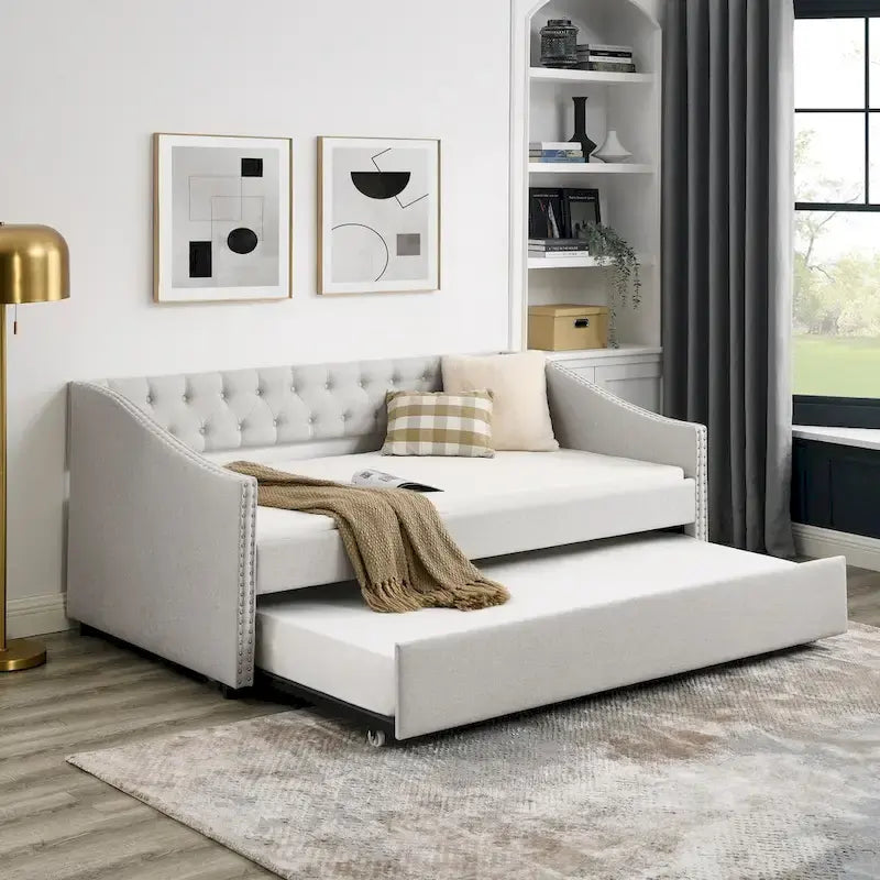 Upholstered Daybed Frame with Trundle & Tufted Backrest