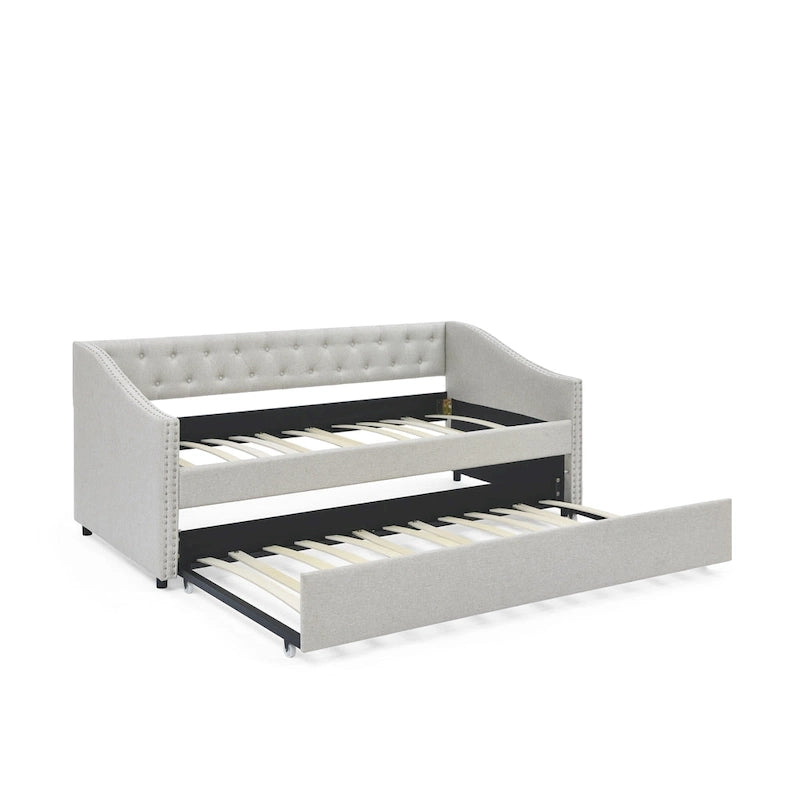Upholstered Daybed Frame with Trundle & Tufted Backrest