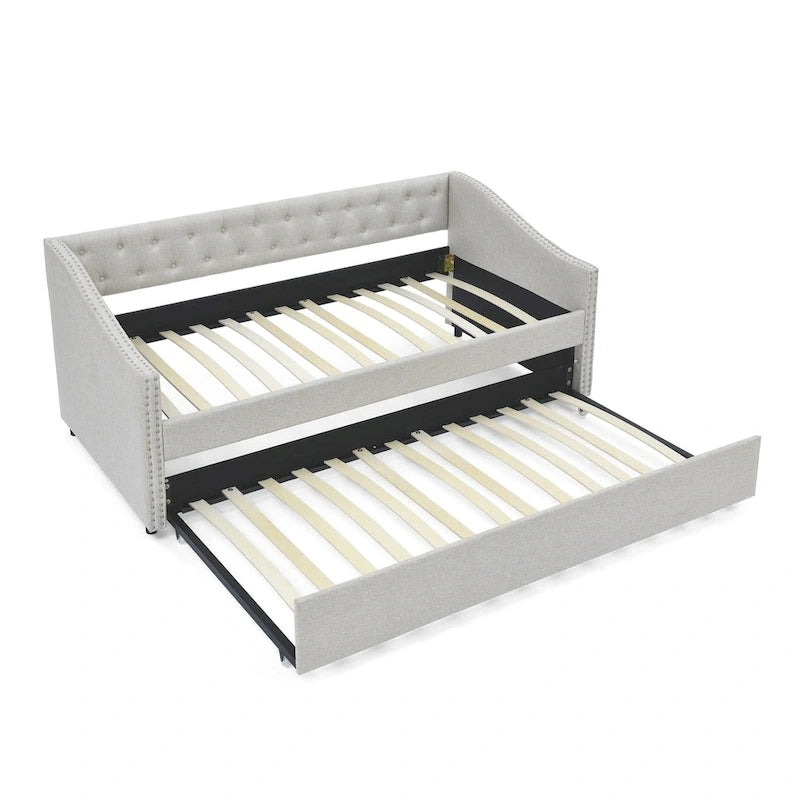 Upholstered Daybed Frame with Trundle & Tufted Backrest