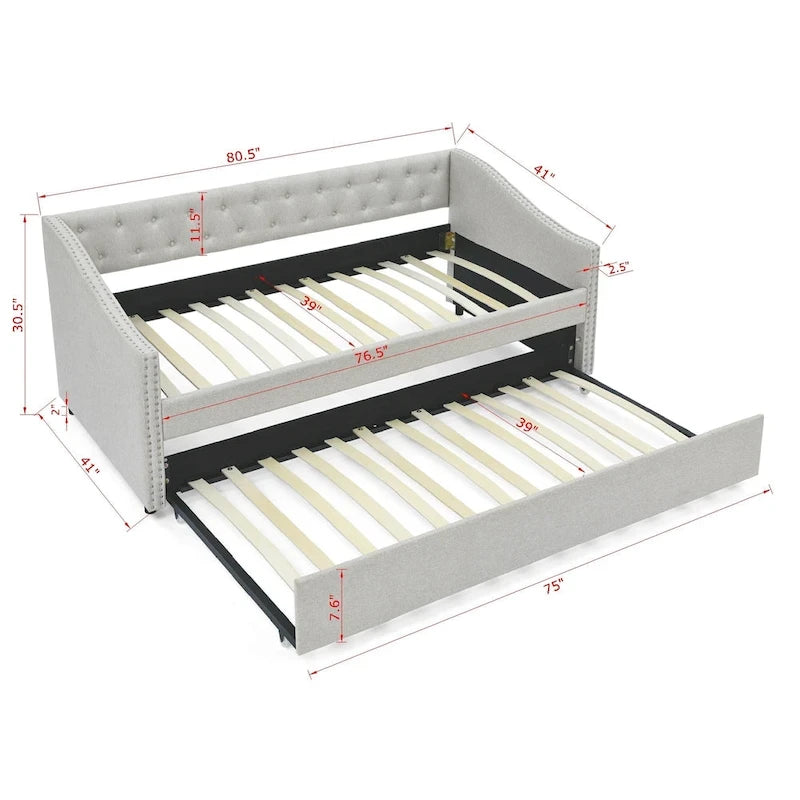 Upholstered Daybed Frame with Trundle & Tufted Backrest