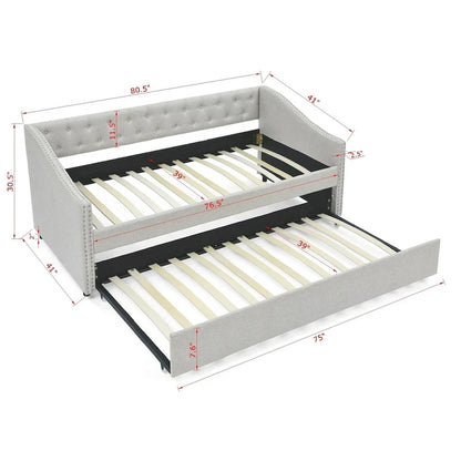 Upholstered Daybed Frame with Trundle & Tufted Backrest