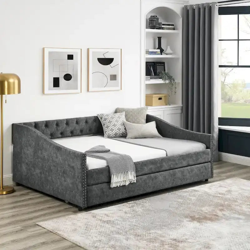 Upholstered Daybed Frame with Trundle & Tufted Backrest