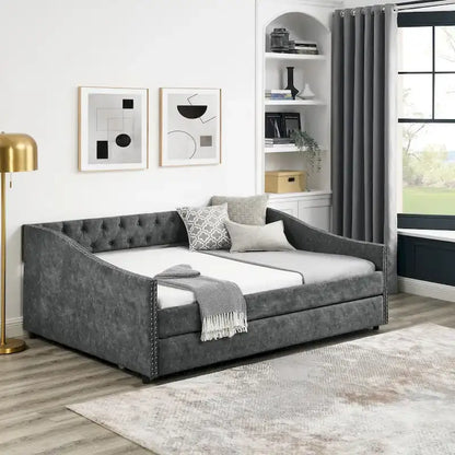 Upholstered Daybed Frame with Trundle & Tufted Backrest