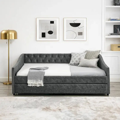 Upholstered Daybed Frame with Trundle & Tufted Backrest