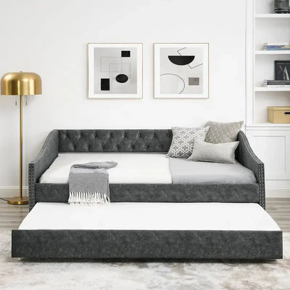 Upholstered Daybed Frame with Trundle & Tufted Backrest