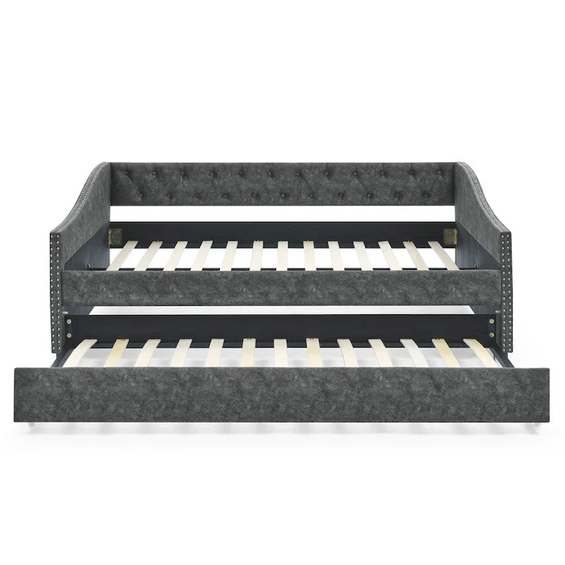 Upholstered Daybed Frame with Trundle & Tufted Backrest