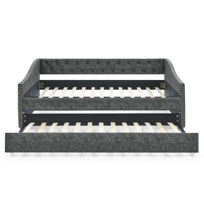 Upholstered Daybed Frame with Trundle & Tufted Backrest