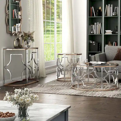 Ders Glam Chrome and Gold Plating Tempered Glass Top 3-Piece Coffee Table Set by Furniture of America