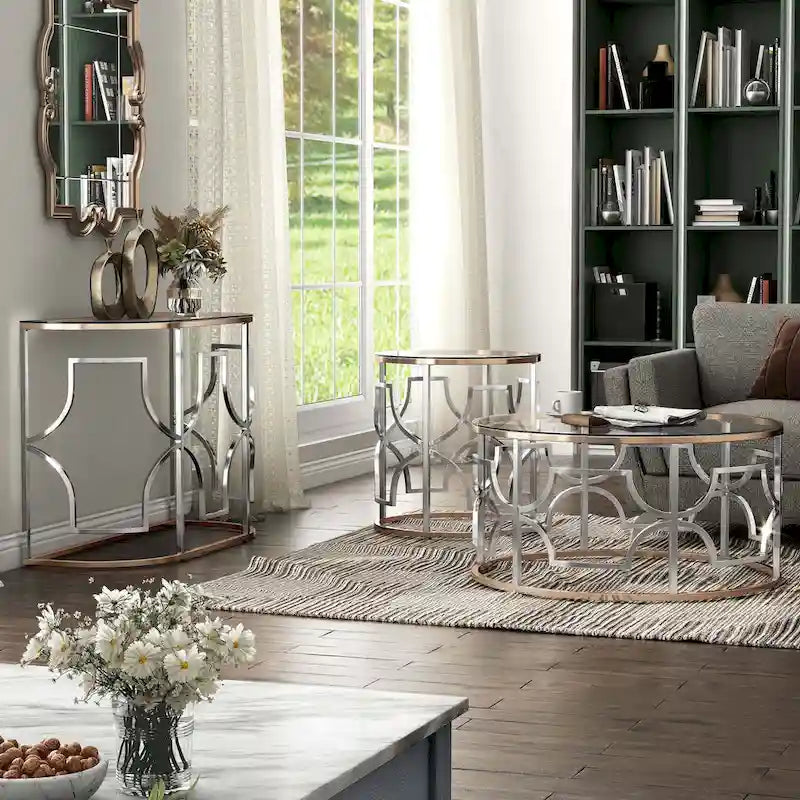 Ders Glam Chrome and Gold Plating Tempered Glass Top 3-Piece Coffee Table Set by Furniture of America