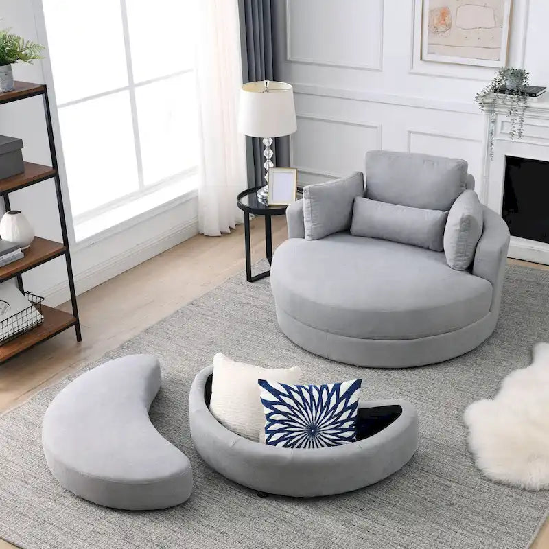 Welike Swivel Accent Barrel Modern Grey Sofa Lounge Club Big Round Chair with Storage Ottoman