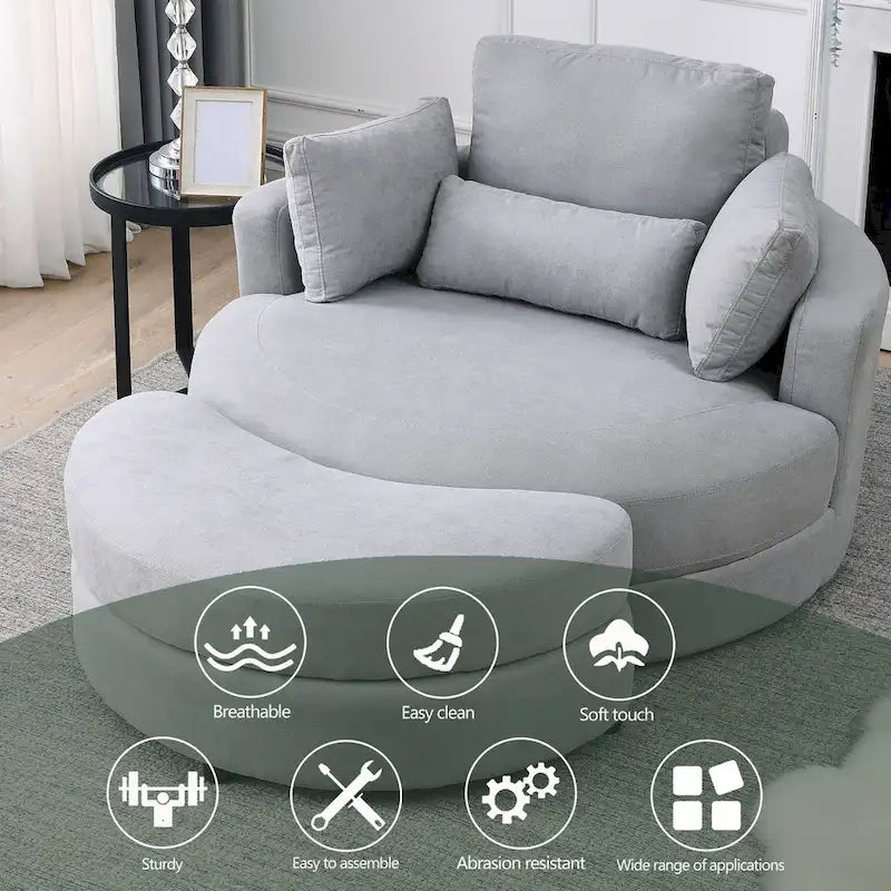 Welike Swivel Accent Barrel Modern Grey Sofa Lounge Club Big Round Chair with Storage Ottoman
