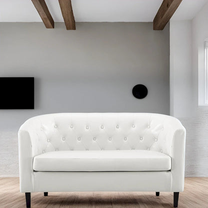 Midcentury Modern Button Tufted Faux Leather Barrel Loveseat - Comfy Tub Loveseat Sofa