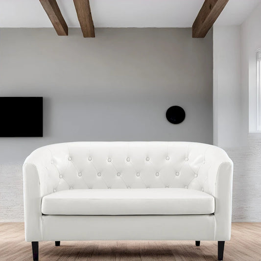 Midcentury Modern Button Tufted Faux Leather Barrel Loveseat - Comfy Tub Loveseat Sofa