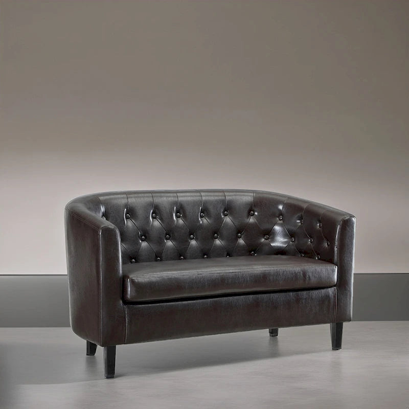 Midcentury Modern Button Tufted Faux Leather Barrel Loveseat - Comfy Tub Loveseat Sofa