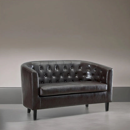 Midcentury Modern Button Tufted Faux Leather Barrel Loveseat - Comfy Tub Loveseat Sofa