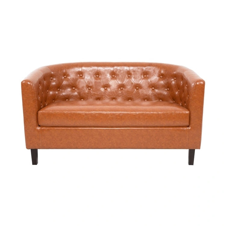 Midcentury Modern Button Tufted Faux Leather Barrel Loveseat - Comfy Tub Loveseat Sofa