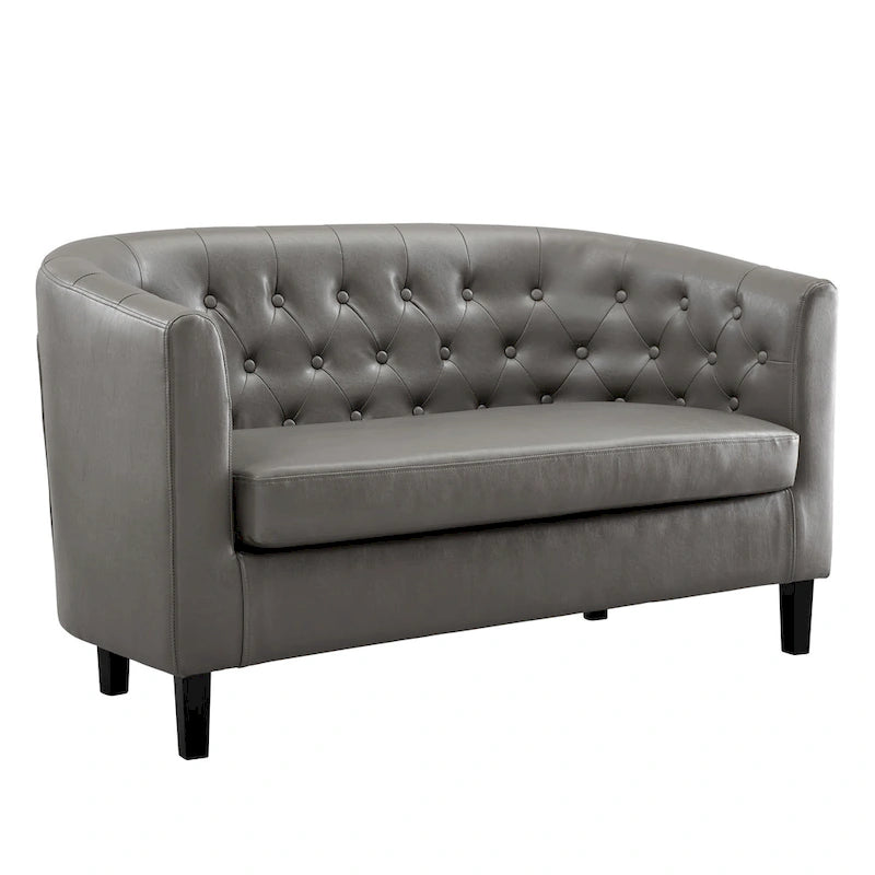 Midcentury Modern Button Tufted Faux Leather Barrel Loveseat - Comfy Tub Loveseat Sofa