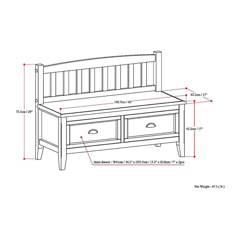 WYNDENHALL Portland SOLID WOOD 42 inch Wide Transitional Entryway Storage Bench with Drawers - 42 Inches wide