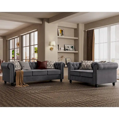Morden Fort Classic Tufted Velvet Upholstered Chesterfield Club Loveseat and Sofa 2Pieces with Nailhead for Living Room