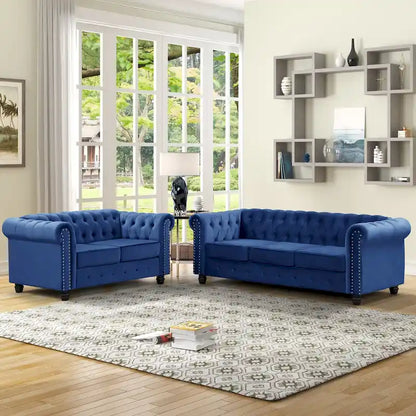 Morden Fort Classic Tufted Velvet Upholstered Chesterfield Club Loveseat and Sofa 2Pieces with Nailhead for Living Room