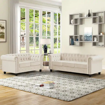 Morden Fort Classic Tufted Velvet Upholstered Chesterfield Club Loveseat and Sofa 2Pieces with Nailhead for Living Room