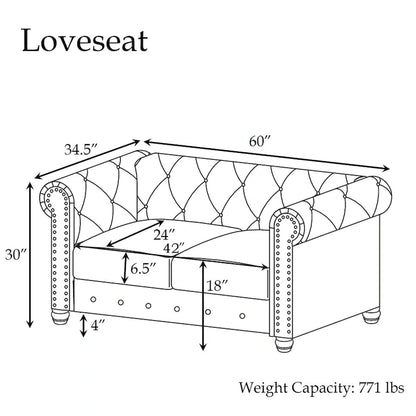 Morden Fort Classic Tufted Velvet Upholstered Chesterfield Club Loveseat and Sofa 2Pieces with Nailhead for Living Room