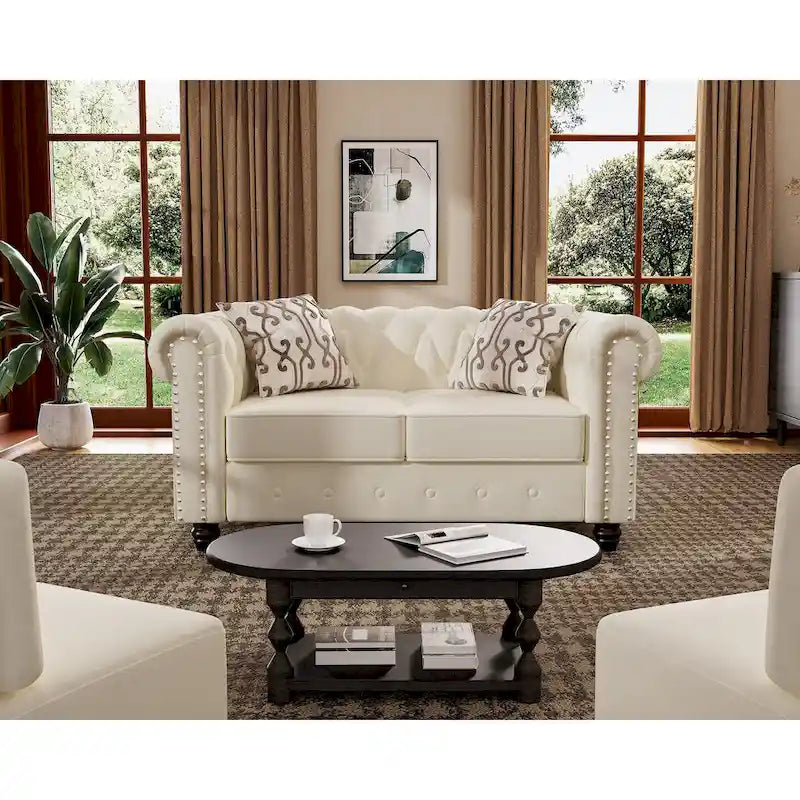 Morden Fort Classic Tufted Velvet Upholstered Chesterfield Club Loveseat and Sofa 2Pieces with Nailhead for Living Room