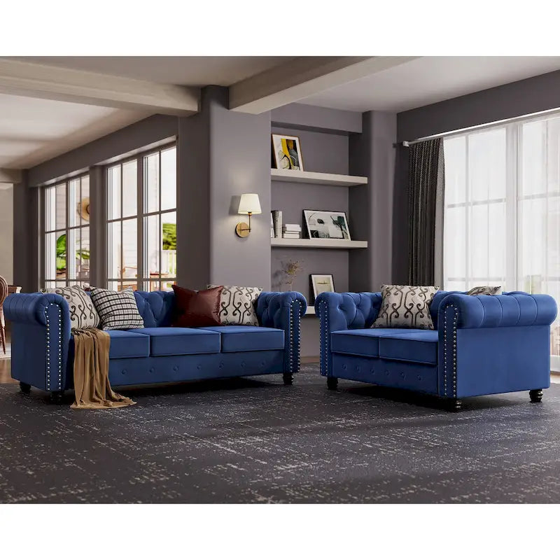 Morden Fort Classic Tufted Velvet Upholstered Chesterfield Club Loveseat and Sofa 2Pieces with Nailhead for Living Room