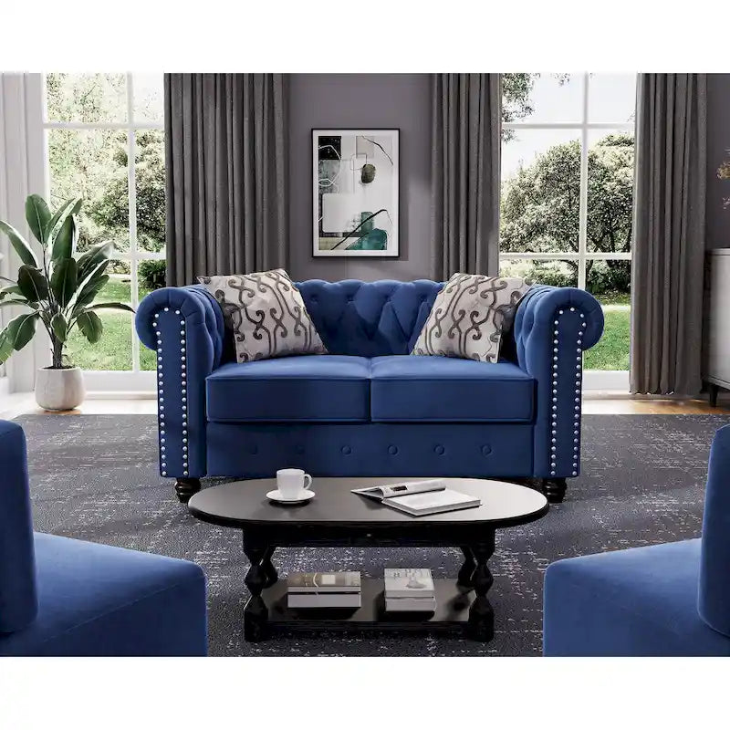 Morden Fort Classic Tufted Velvet Upholstered Chesterfield Club Loveseat and Sofa 2Pieces with Nailhead for Living Room