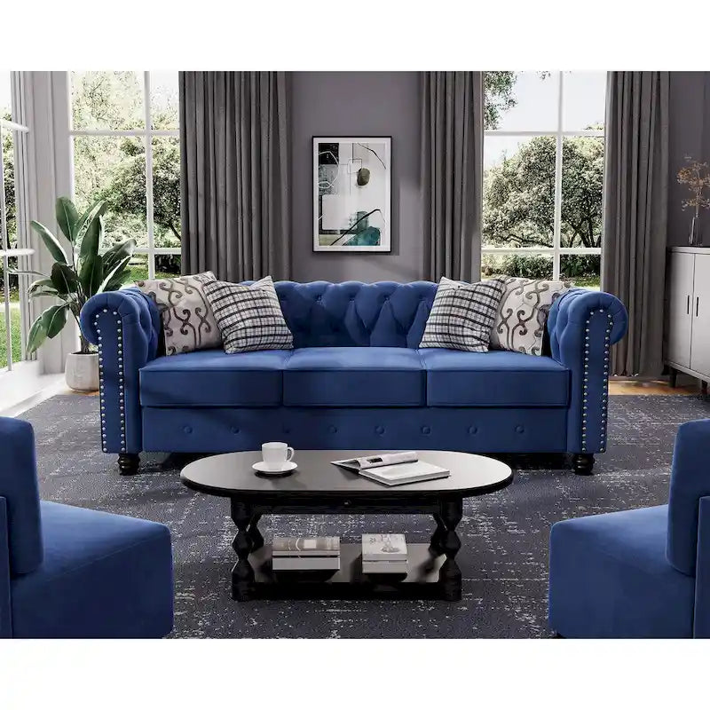 Morden Fort Classic Tufted Velvet Upholstered Chesterfield Club Loveseat and Sofa 2Pieces with Nailhead for Living Room