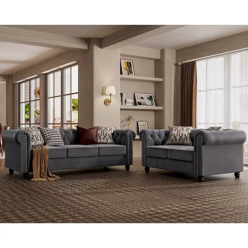 Morden Fort Classic Tufted Velvet Upholstered Chesterfield Club Loveseat and Sofa 2Pieces with Nailhead for Living Room