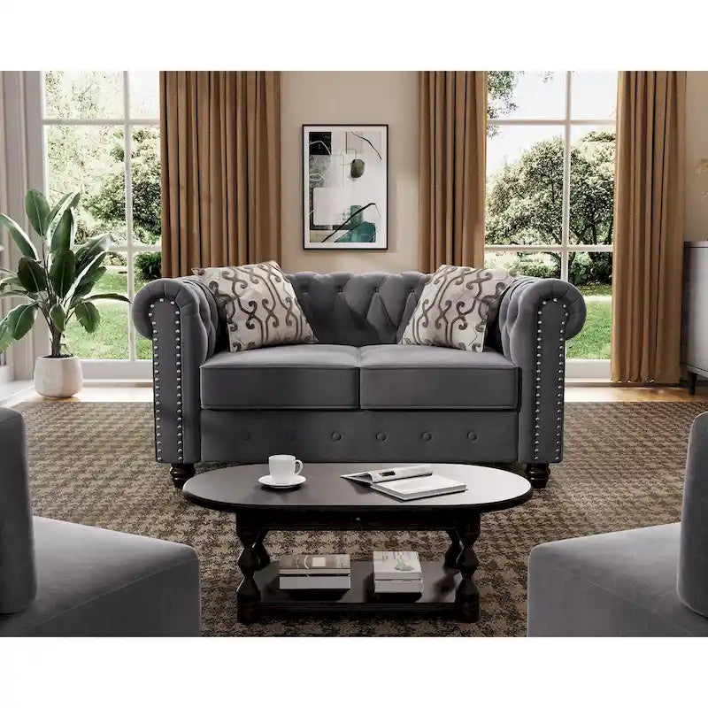 Morden Fort Classic Tufted Velvet Upholstered Chesterfield Club Loveseat and Sofa 2Pieces with Nailhead for Living Room