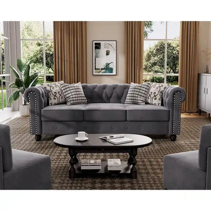 Morden Fort Classic Tufted Velvet Upholstered Chesterfield Club Loveseat and Sofa 2Pieces with Nailhead for Living Room