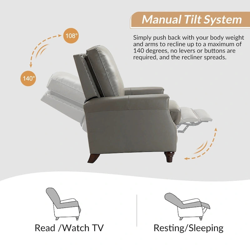 Cigar Mid-century Modern Genuine Leather Recliner with Nailhead Trim Set of 2 by HULALA HOME