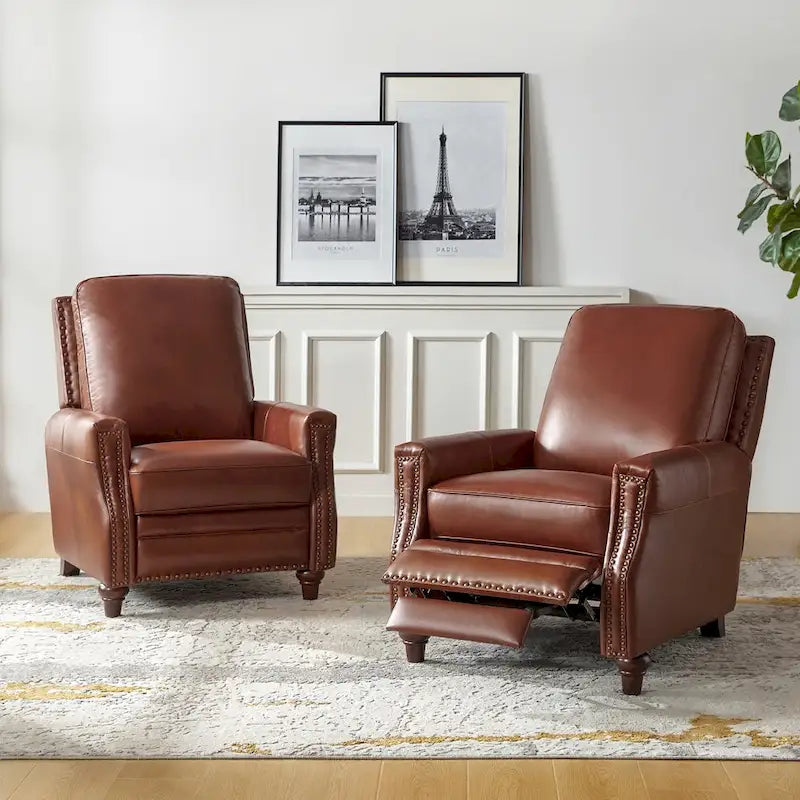 Cigar Mid-century Modern Genuine Leather Recliner with Nailhead Trim Set of 2 by HULALA HOME