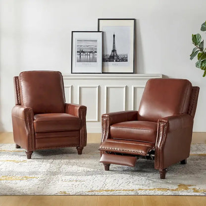 Cigar Mid-century Modern Genuine Leather Recliner with Nailhead Trim Set of 2 by HULALA HOME