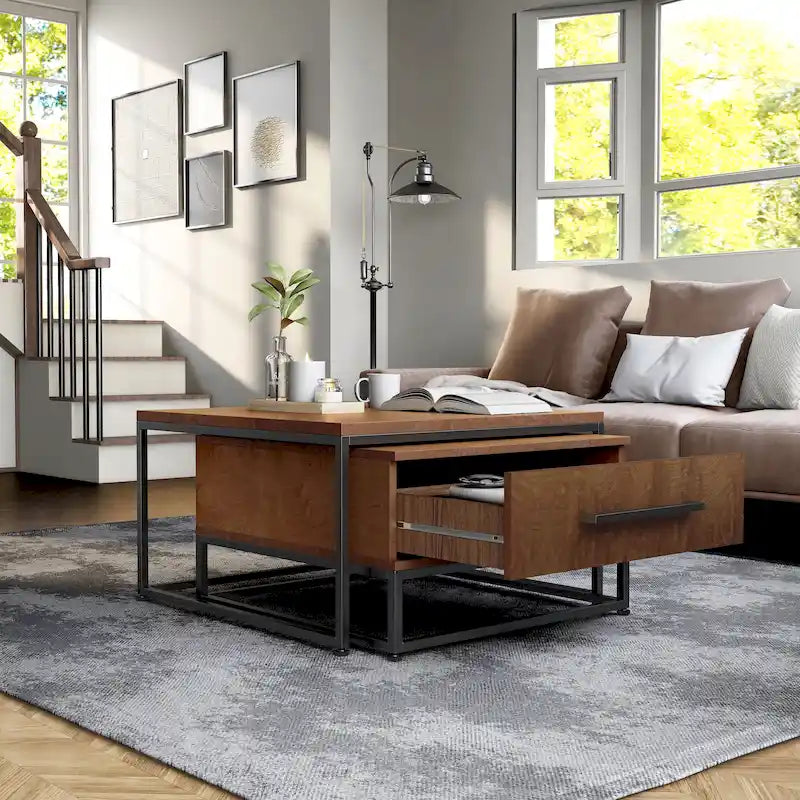 Saxon Rustic Brown Square 2-Piece Solid Wood Coffee Nesting Tables with 1-Drawer by Furniture of America